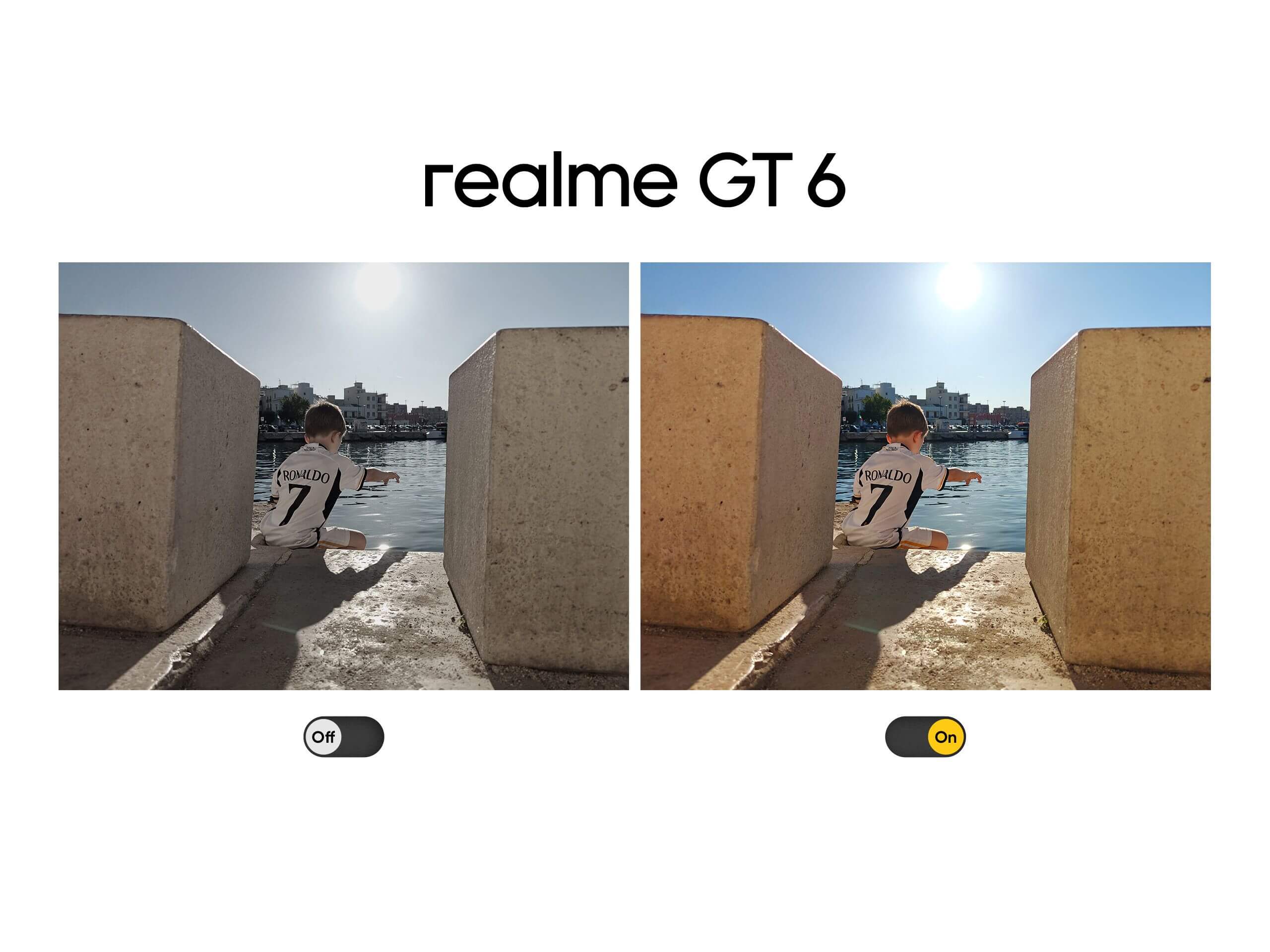 Perbandingan mode di layar realme GT 6 yang mampu menembus tingkat kecerahan hingga 6000 Nits!