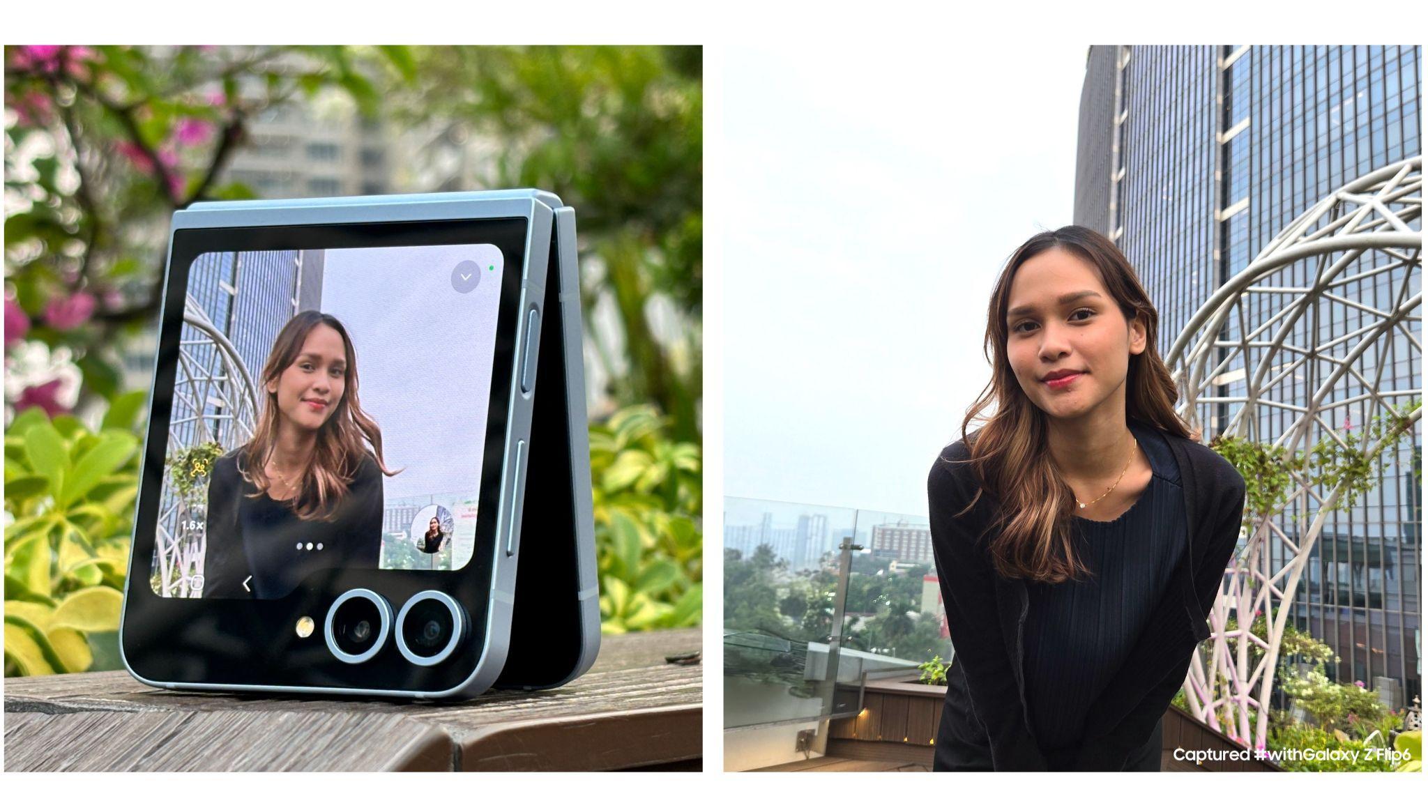 Hasilkan angle aesthetic andalan kamu dengan mudah berkat fitur Auto zoom  pada kamera Cover screen Galaxy Z Flip6
