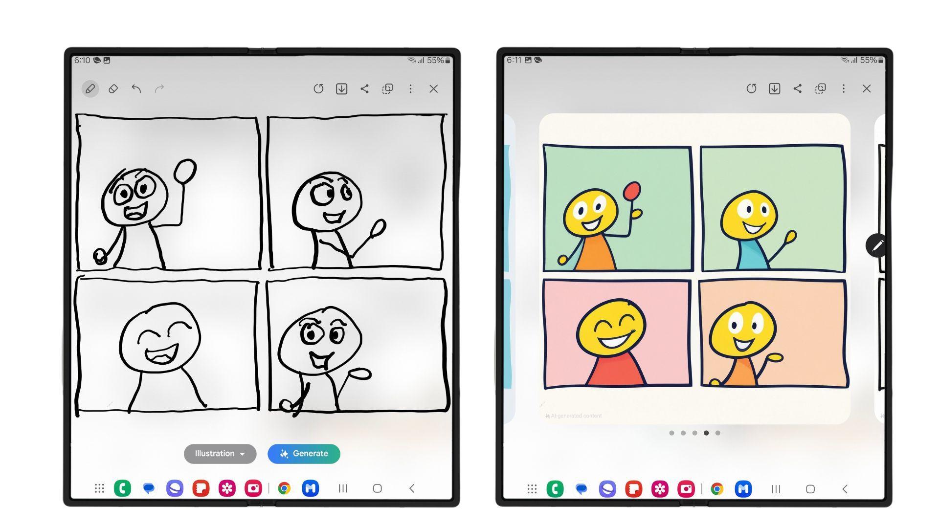 Gambar sketsa awal yang digambar oleh pengguna Galaxy Z Fold6 dan Hasil gambar setelah di generate oleh Sketch to Image, jadi lebih colorful dan impresif
