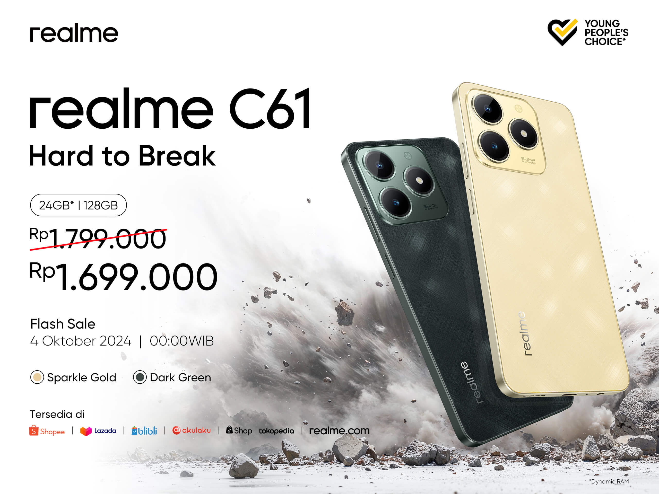 Pada masa Flash Sale, realme C61 bisa dibeli mulai dari Rp 1.699.000