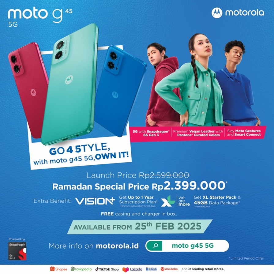 moto g45 5G menjadi ancang-ancang pertama Motorola kembali mempenetrasi pasar di Indonesia. Hadirkan bundling istimewa untuk Bulan Ramadhan.