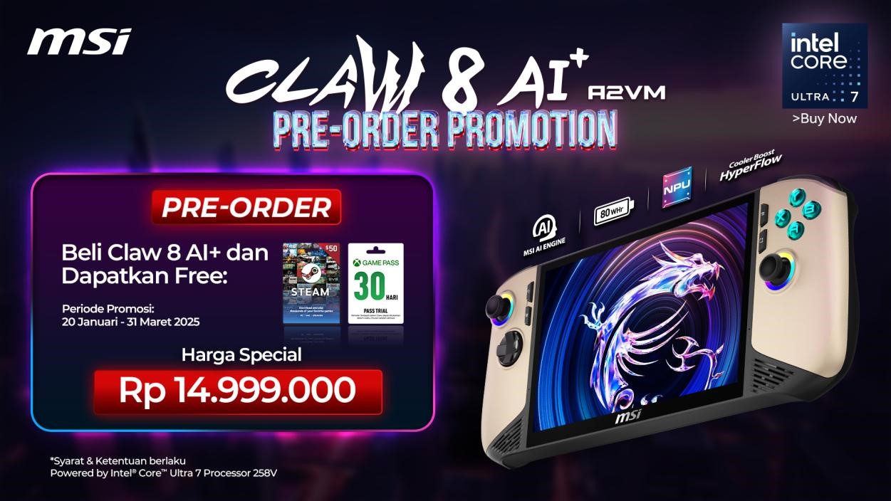 Harga MSI Claw 8 AI+ di Indonesia beserta promonya.