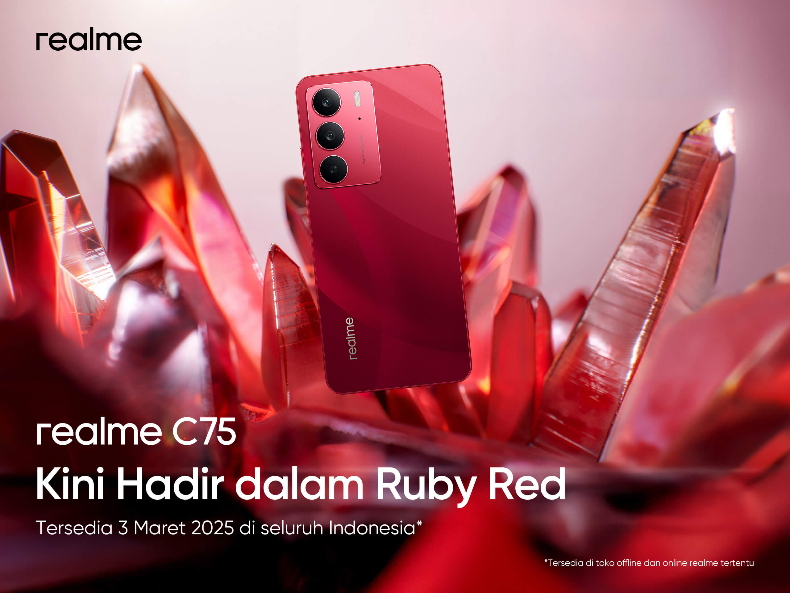 Salah satu warna yang paling menarik dari realme C75x adalah Ruby Red.